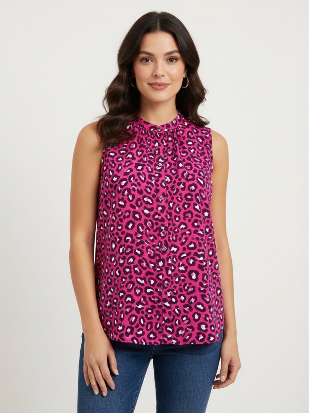 Rachel Zoe Pink Black White Animal Print blouse button down Sleeveless size med